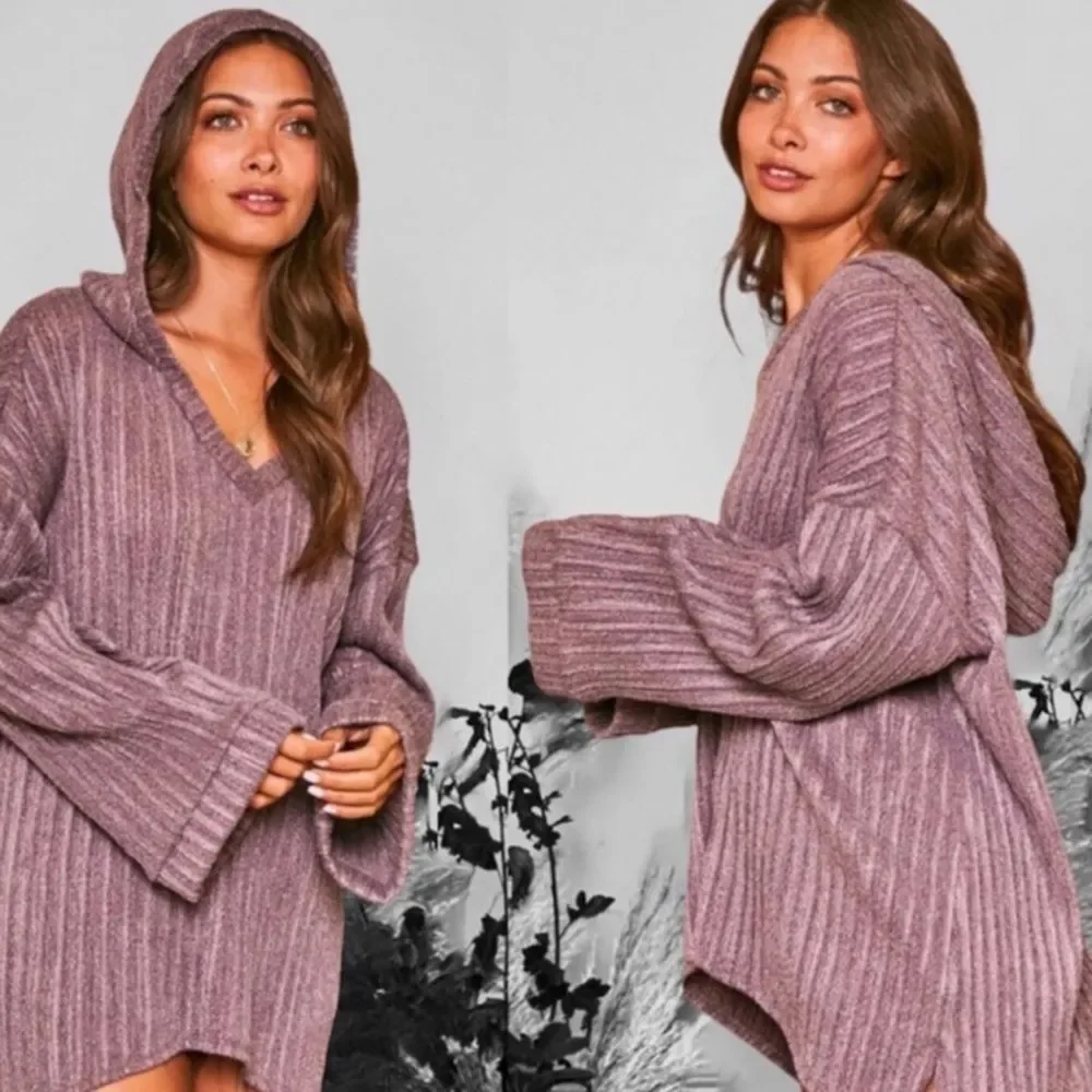 SMOKE PURPLE RIBBED KNIT HOODIE - Picture 4 of 8
